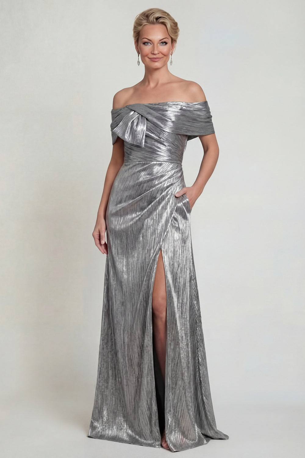 Grey Silver Mermaid Metallic Long Evening Dress with Slit