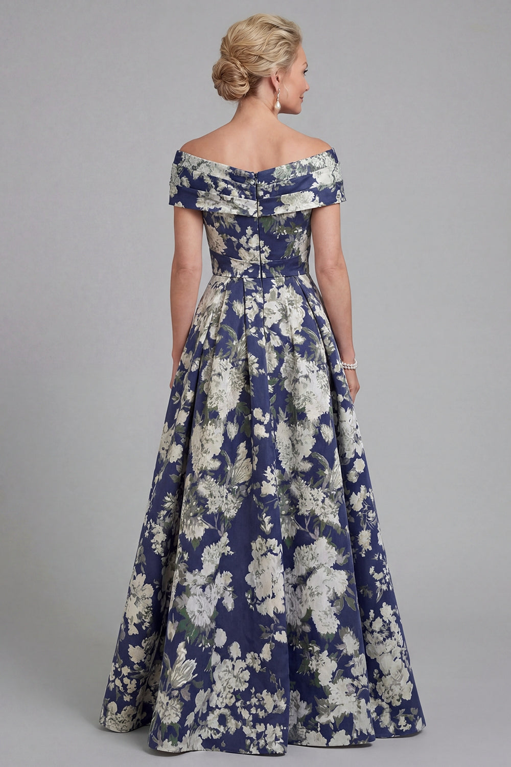 Navy Floral A Line Long  Evening Dress with Pockets