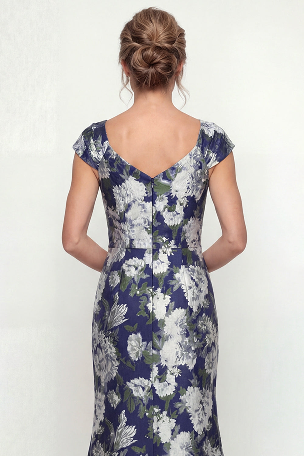 Navy Mermaid Floral Cap Sleeves Maxi Evening Dress