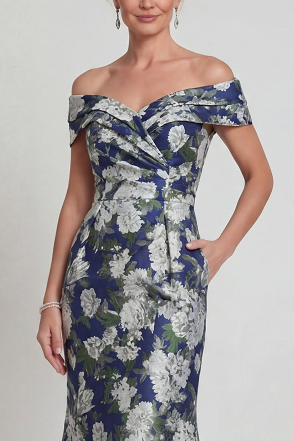 Navy Mermaid Off the Shoulder Floral Long Evening Dress with Pockets