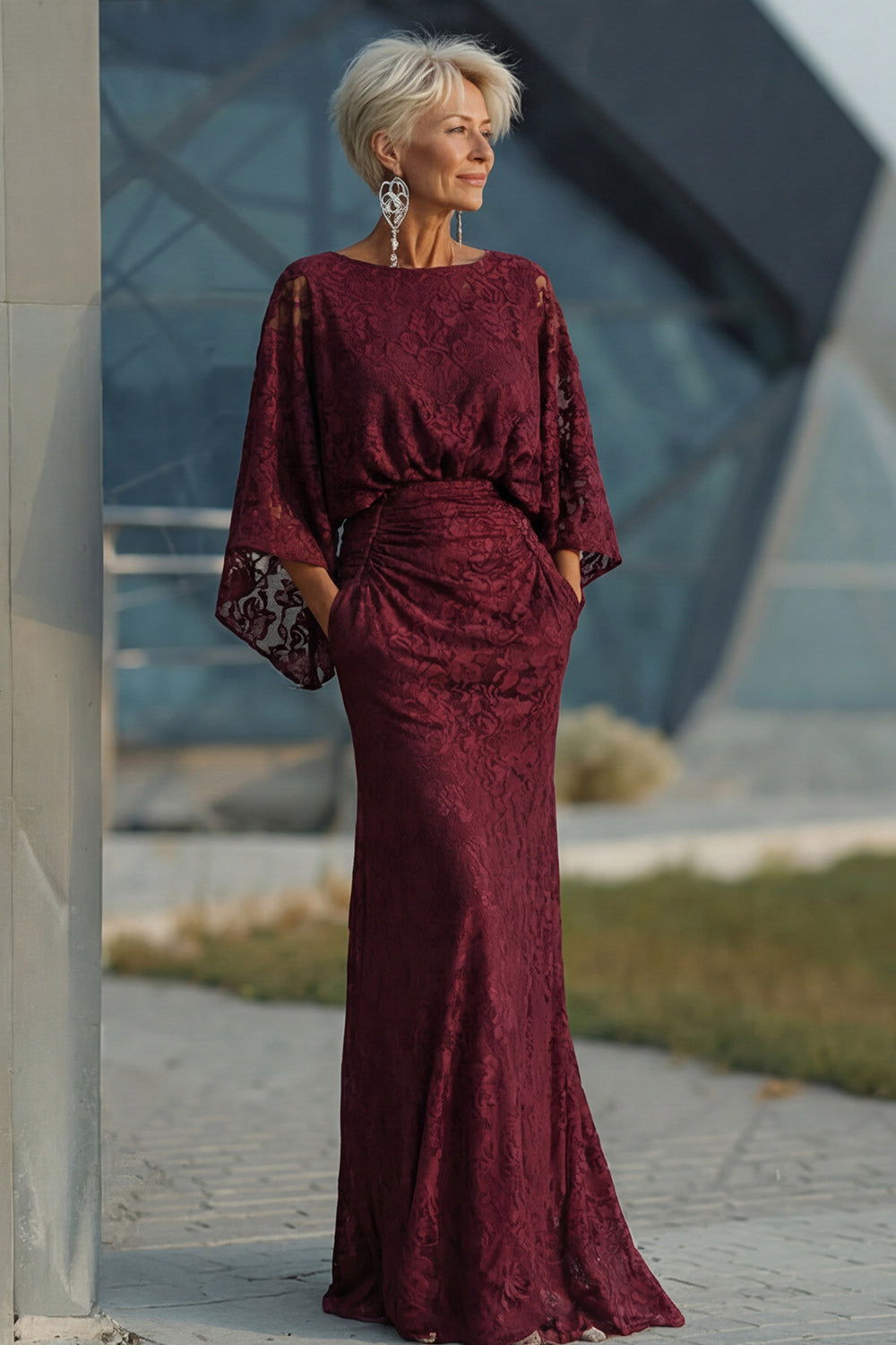 Burgundy Lace Floral Boat Neck Sheath Long Wedding Guest Dress with Pockets