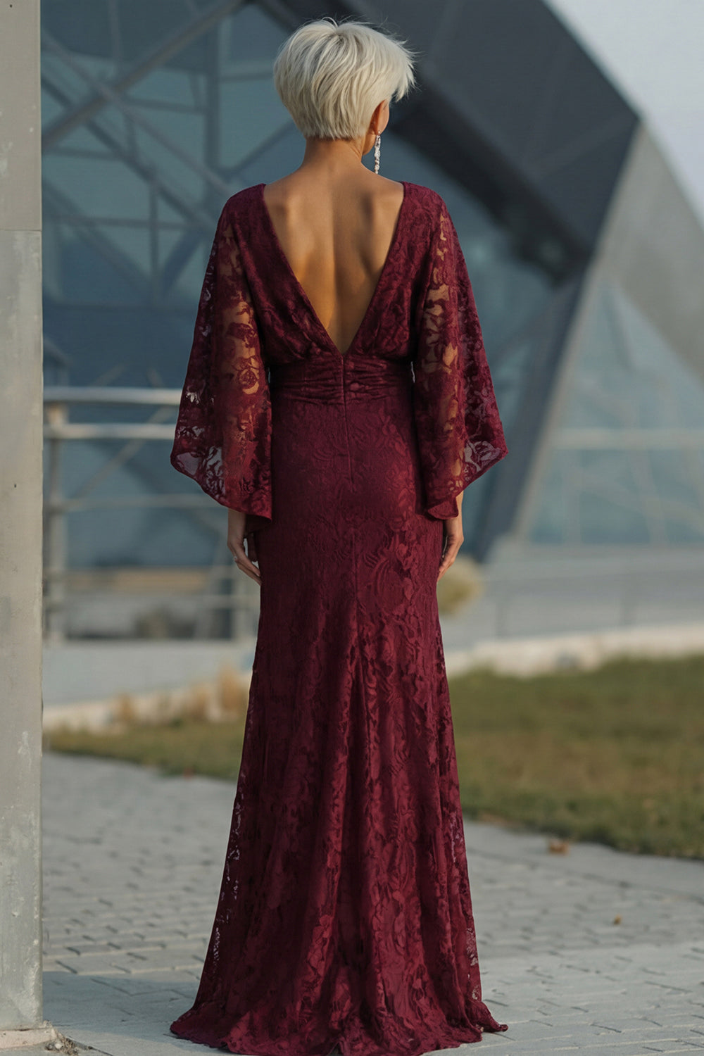 Burgundy Lace Floral Boat Neck Sheath Long Wedding Guest Dress with Pockets