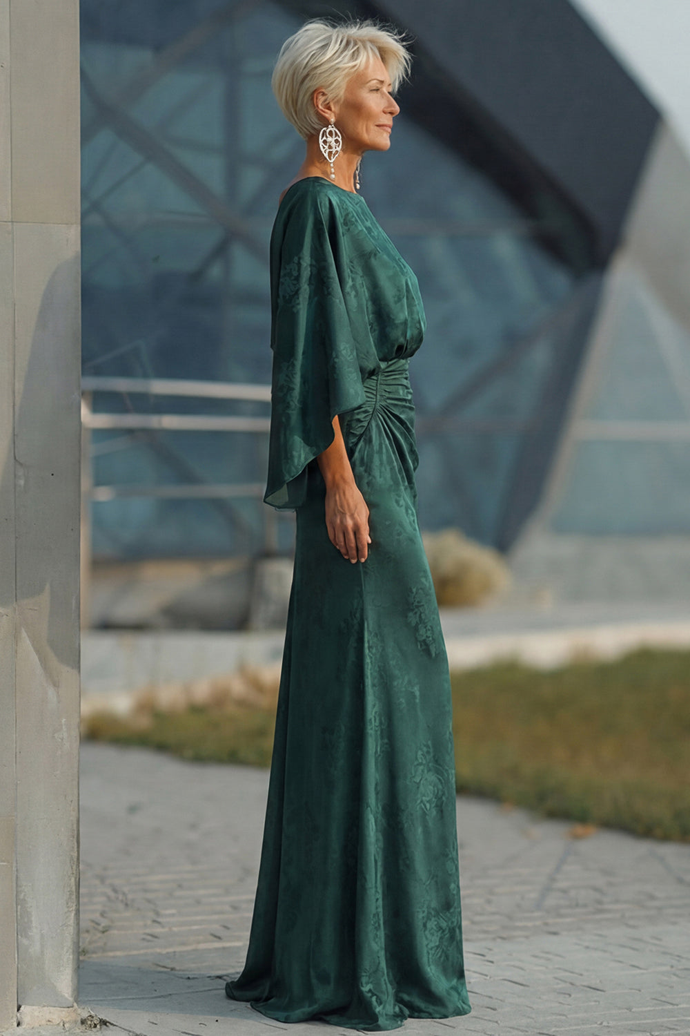 Pine Floral Jacquard Long Sheath Wedding Guest Dress with Sleeves