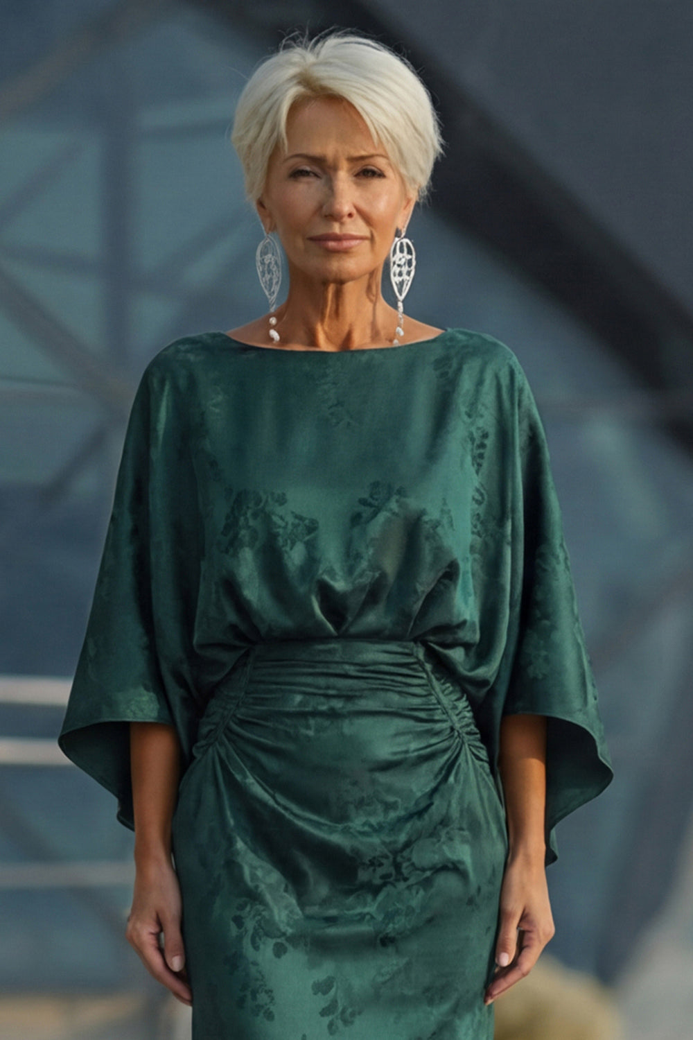 Pine Floral Jacquard Long Sheath Wedding Guest Dress with Sleeves