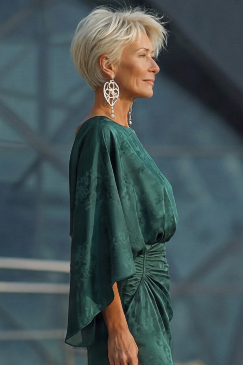 Pine Floral Jacquard Long Sheath Wedding Guest Dress with Sleeves