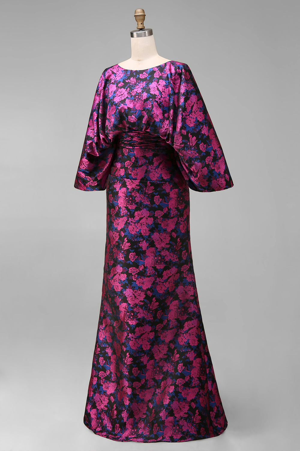 Floral Fuchsia Ruched Long Sheath Wedding Guest Dress with Sleeves
