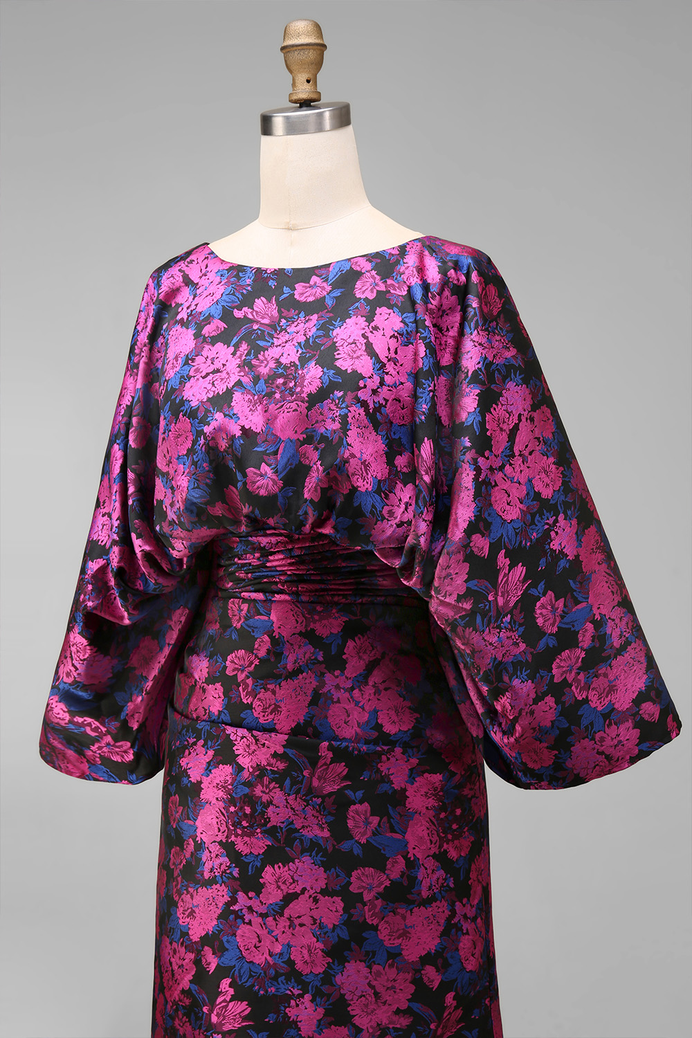 Floral Fuchsia Ruched Long Sheath Wedding Guest Dress with Sleeves