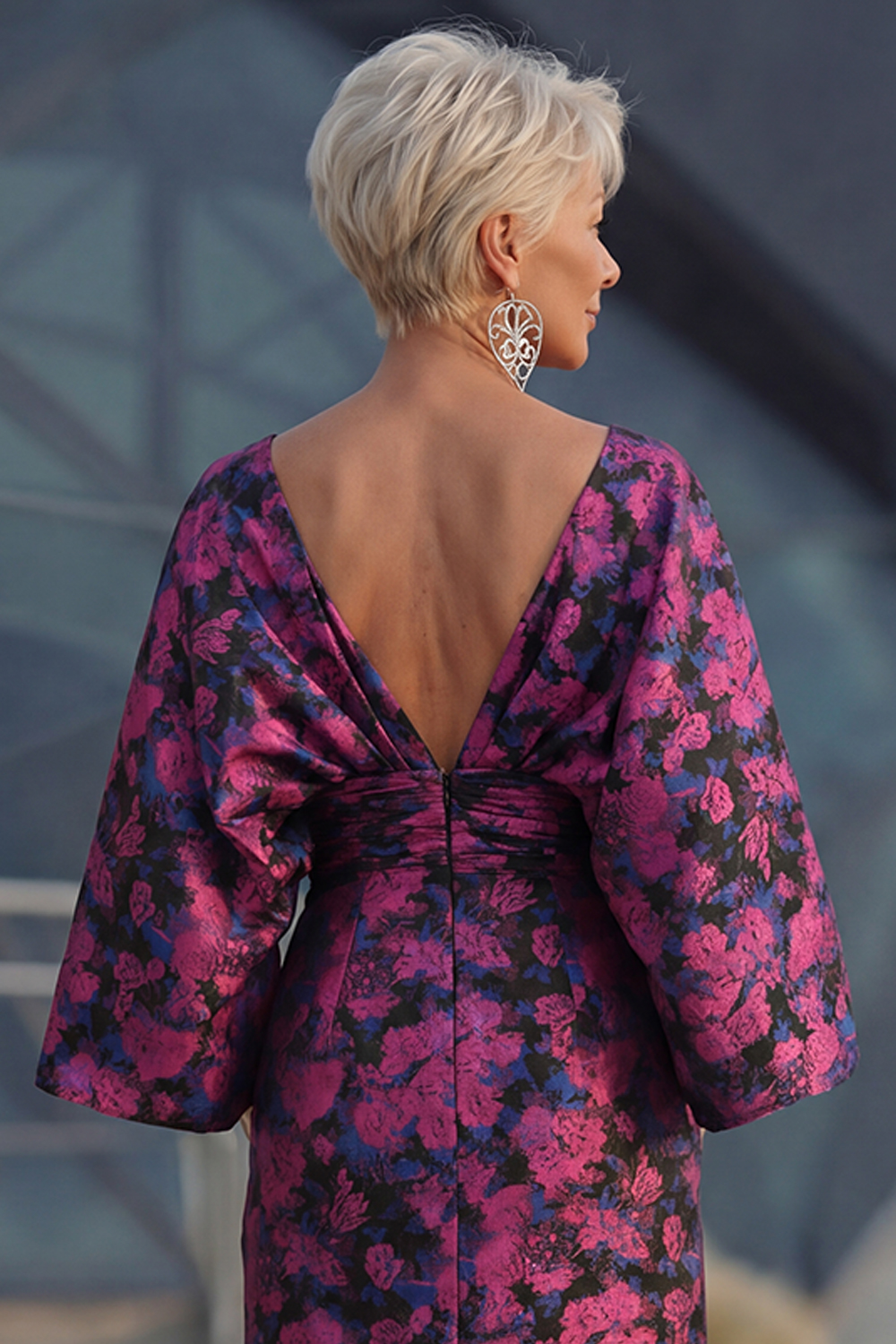 Floral Fuchsia Ruched Long Sheath Wedding Guest Dress with Sleeves