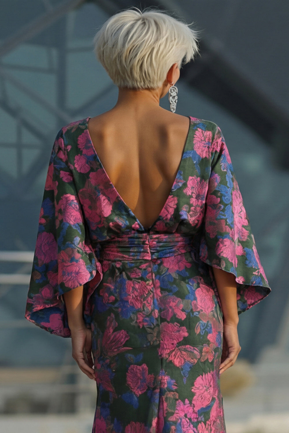 Floral Fuchsia Ruched Long Sheath Wedding Guest Dress with Sleeves