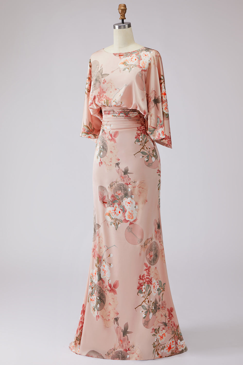 Dusty Rose Floral Ruched Boat Neck Long Wedding Guest Dress with Pockets