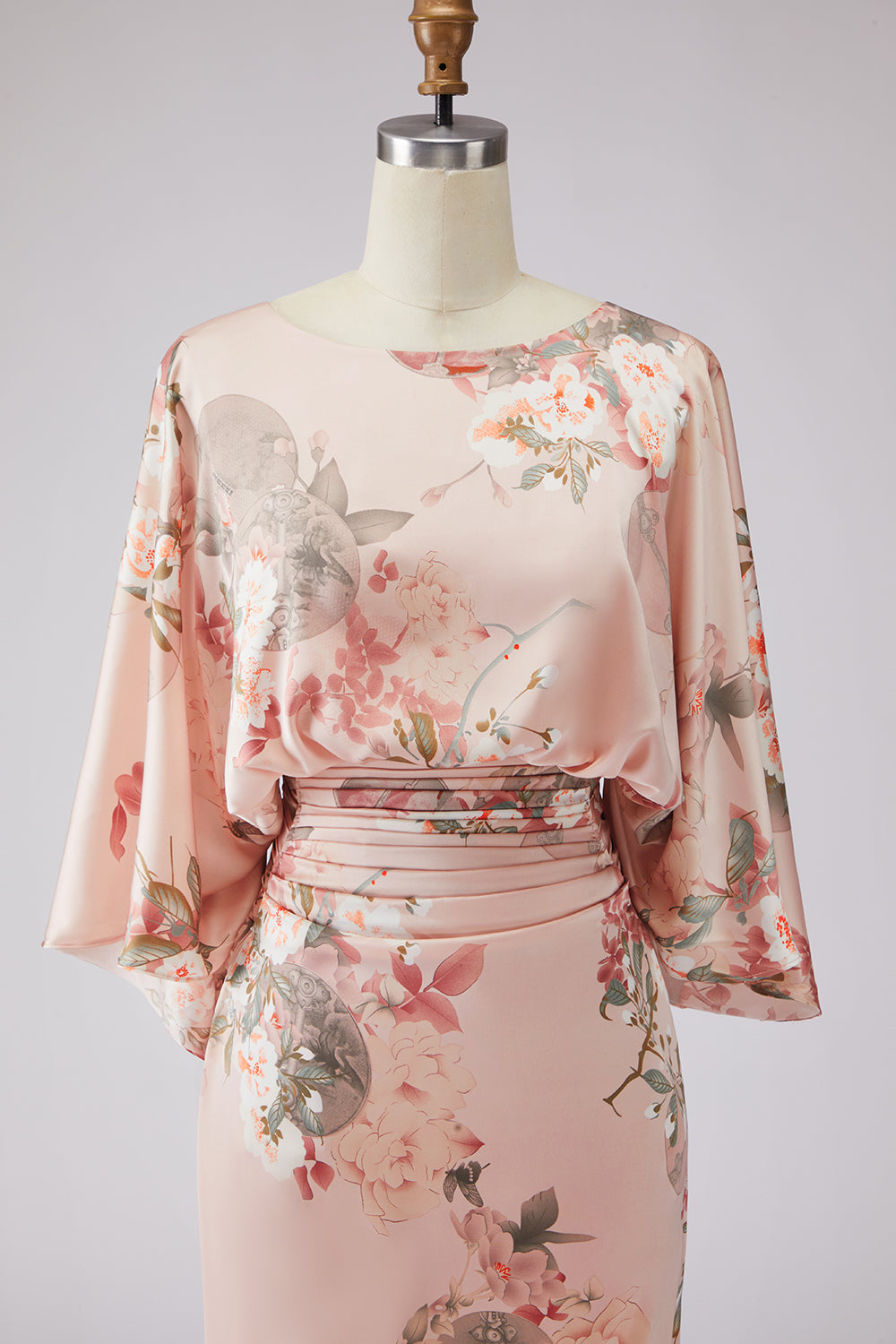 Dusty Rose Floral Ruched Boat Neck Long Wedding Guest Dress with Pockets