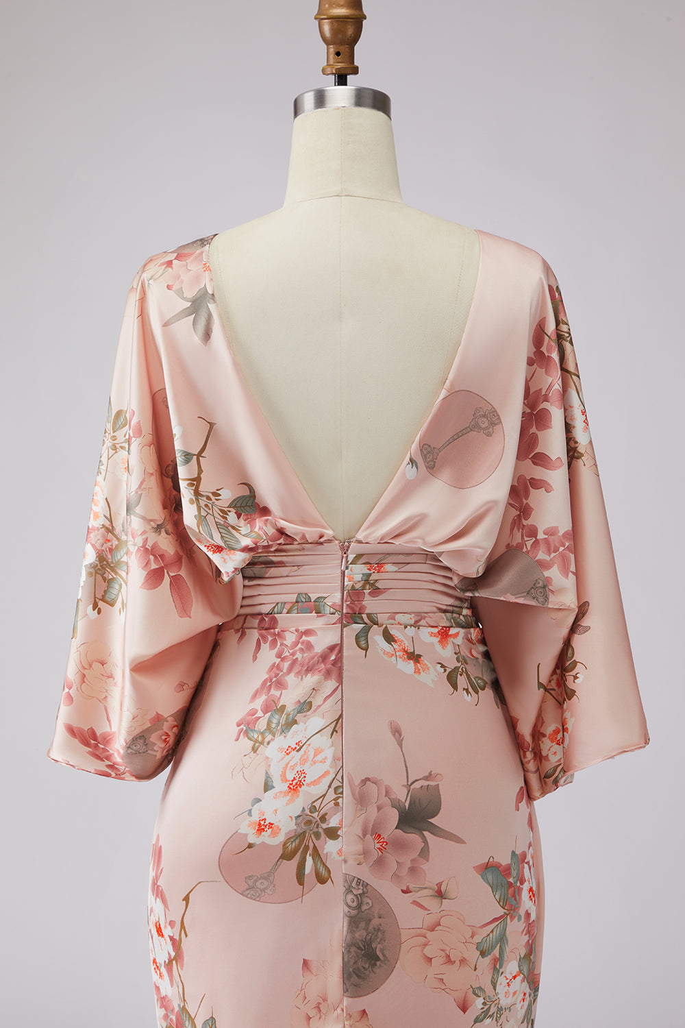 Dusty Rose Floral Ruched Boat Neck Long Wedding Guest Dress with Pockets