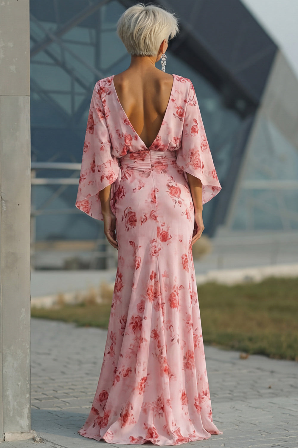 Floral Dusty Rose Chiffon Boat Neck Long Sheath Wedding Guest Dress with Pockets