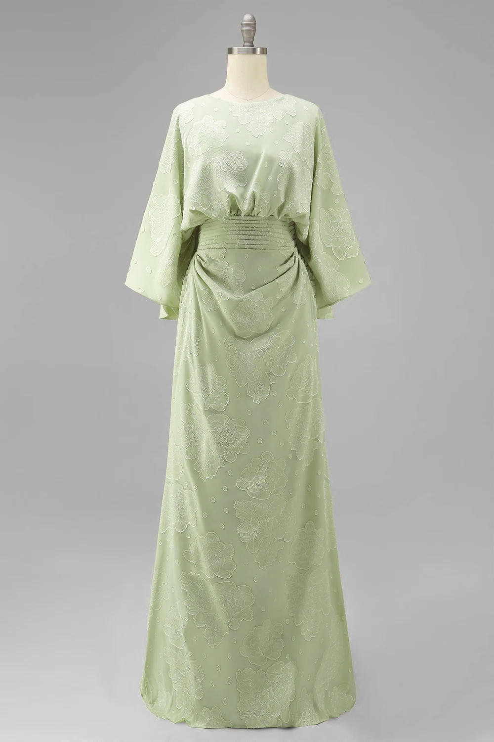 Sage Green Sheath Boat Neck Floral Long Wedding Guest Dress with Sleeves