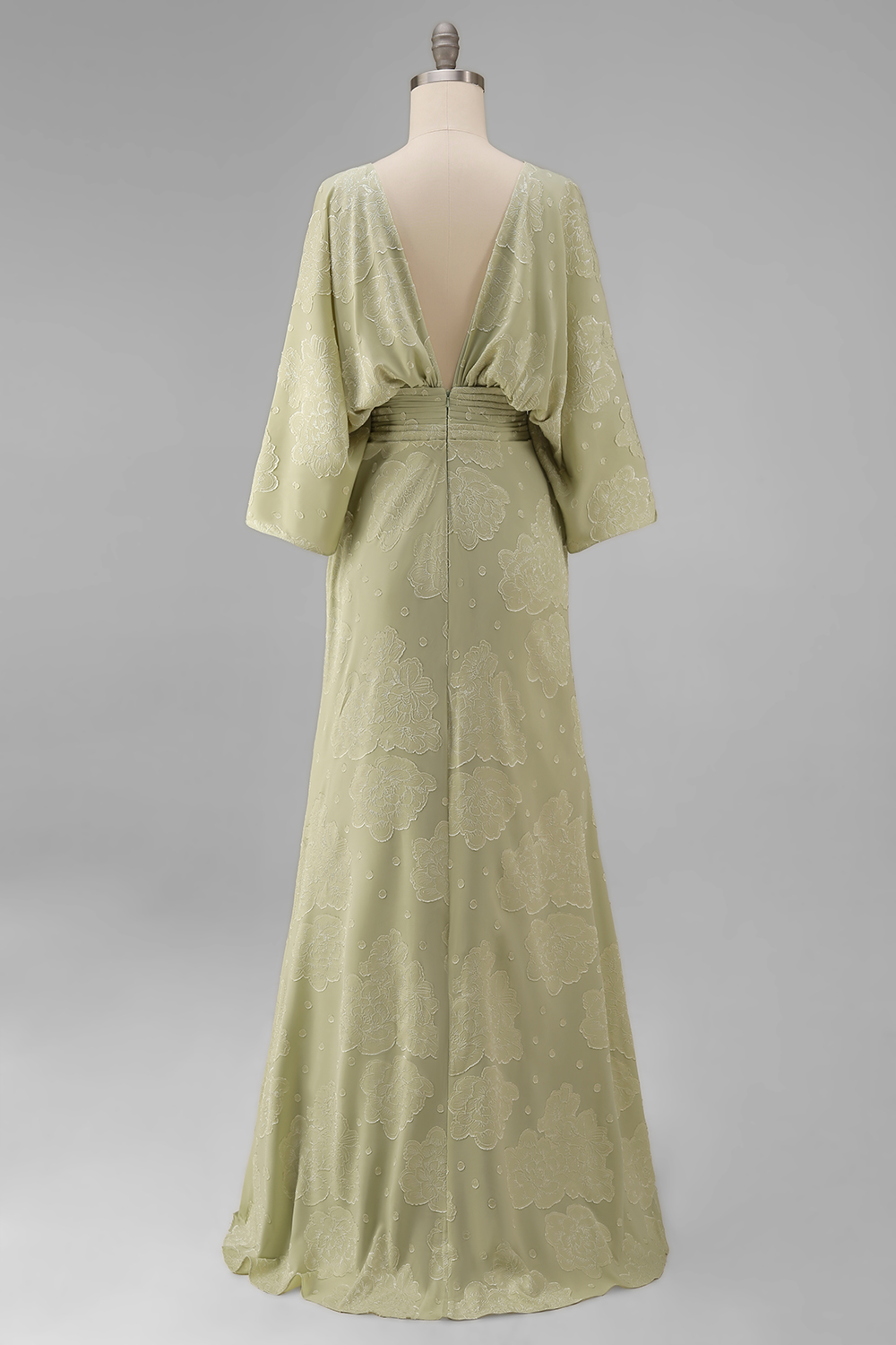 Sage Green Sheath Boat Neck Floral Long Wedding Guest Dress with Sleeves