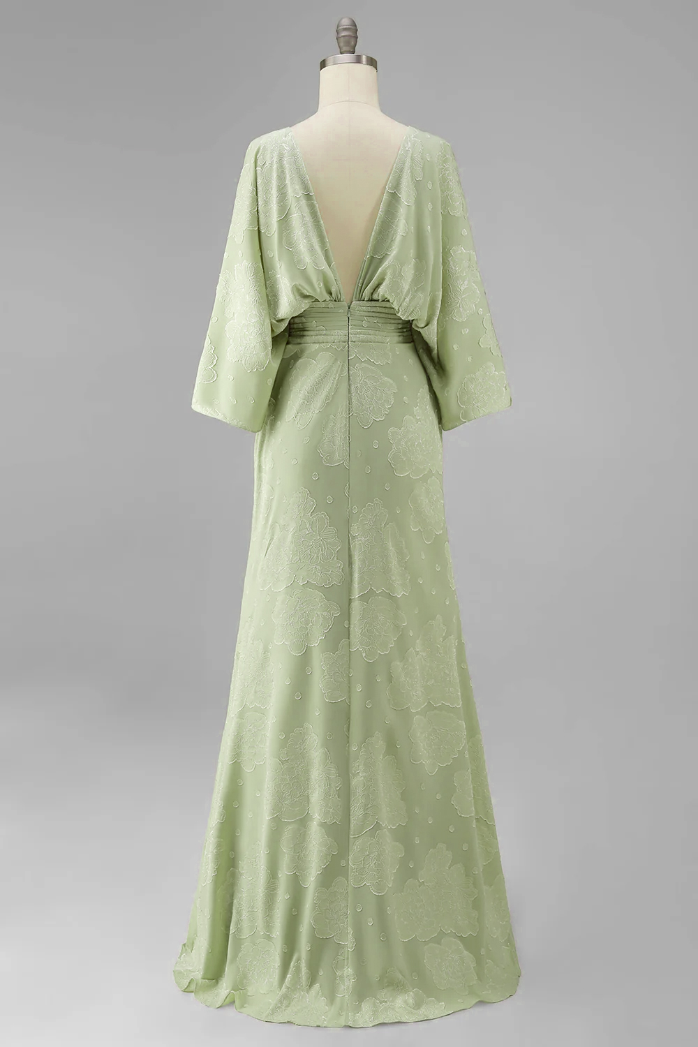 Sage Green Sheath Boat Neck Floral Long Wedding Guest Dress with Sleeves