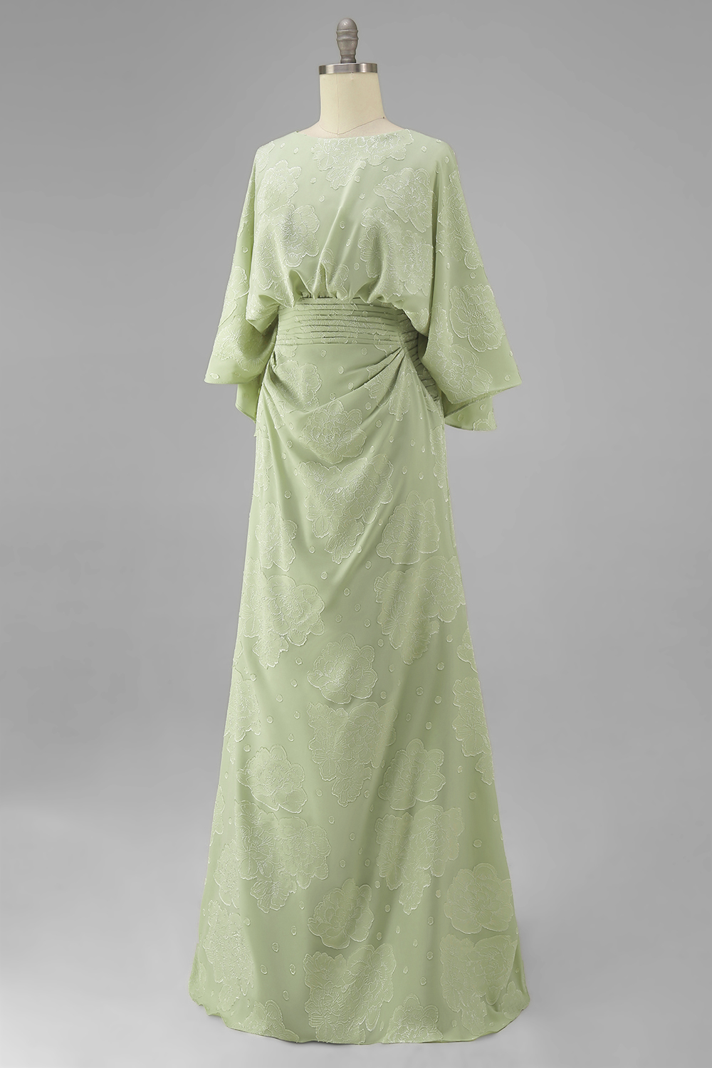 Sage Green Sheath Boat Neck Floral Long Wedding Guest Dress with Sleeves
