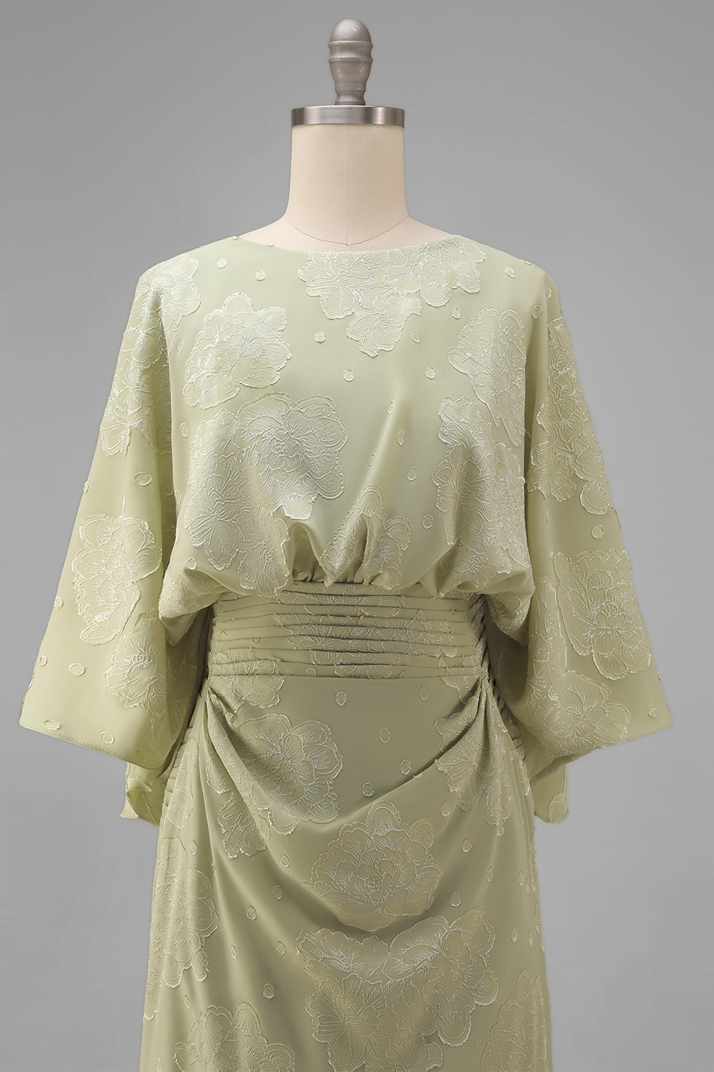 Sage Green Sheath Boat Neck Floral Long Wedding Guest Dress with Sleeves