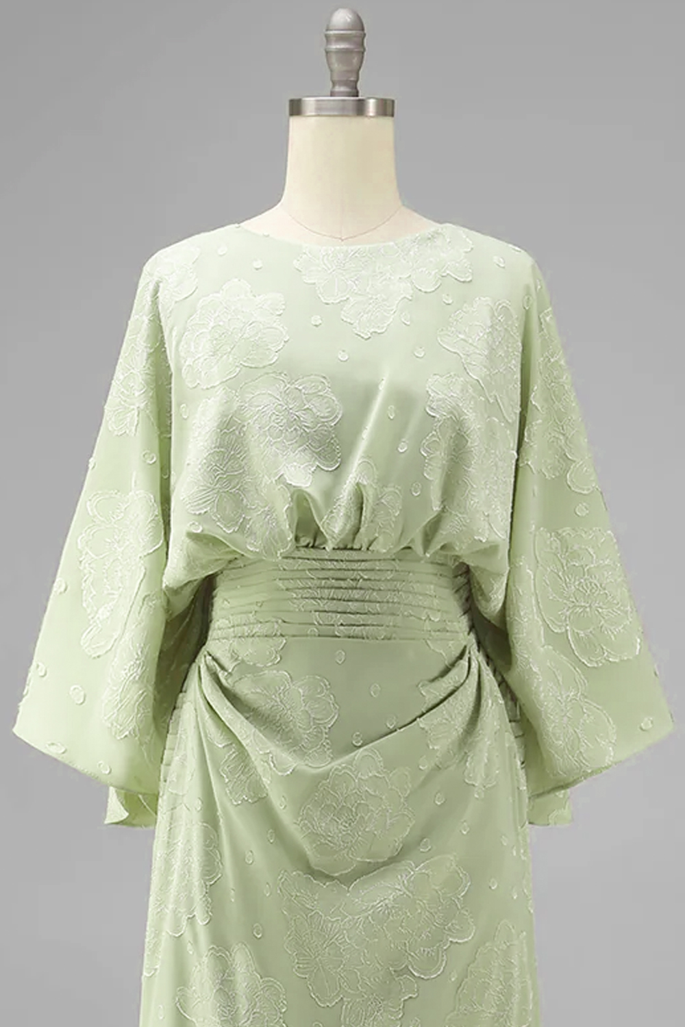 Sage Green Sheath Boat Neck Floral Long Wedding Guest Dress with Sleeves