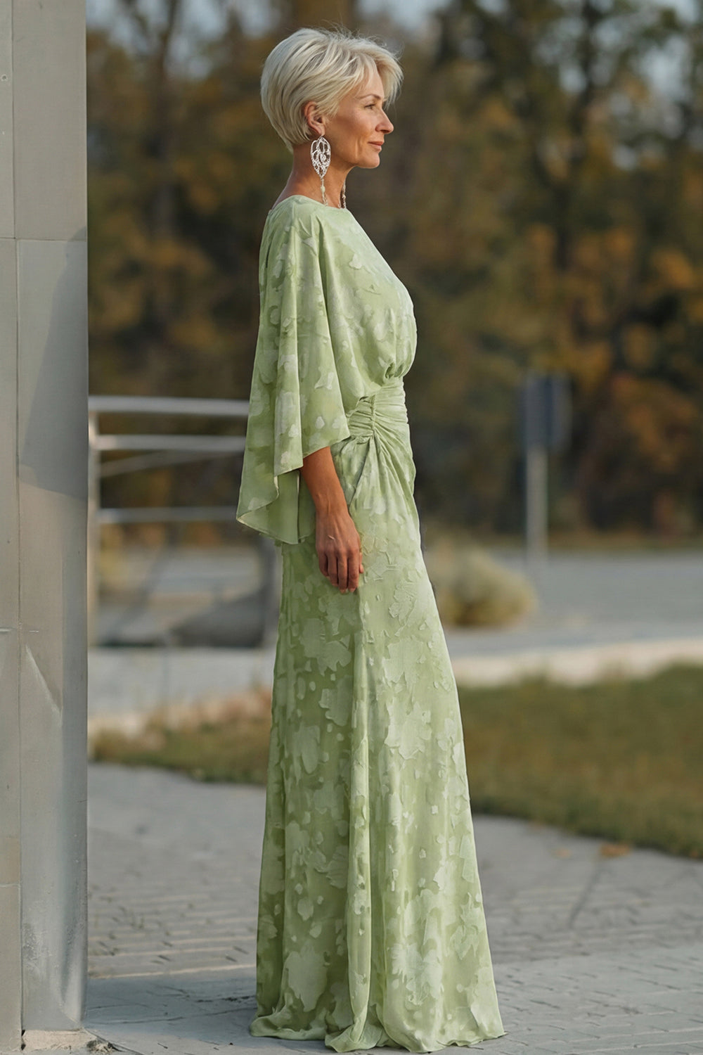 Floral Sage Green Sheath Boat Neck Long Wedding Guest Dress with Sleeves