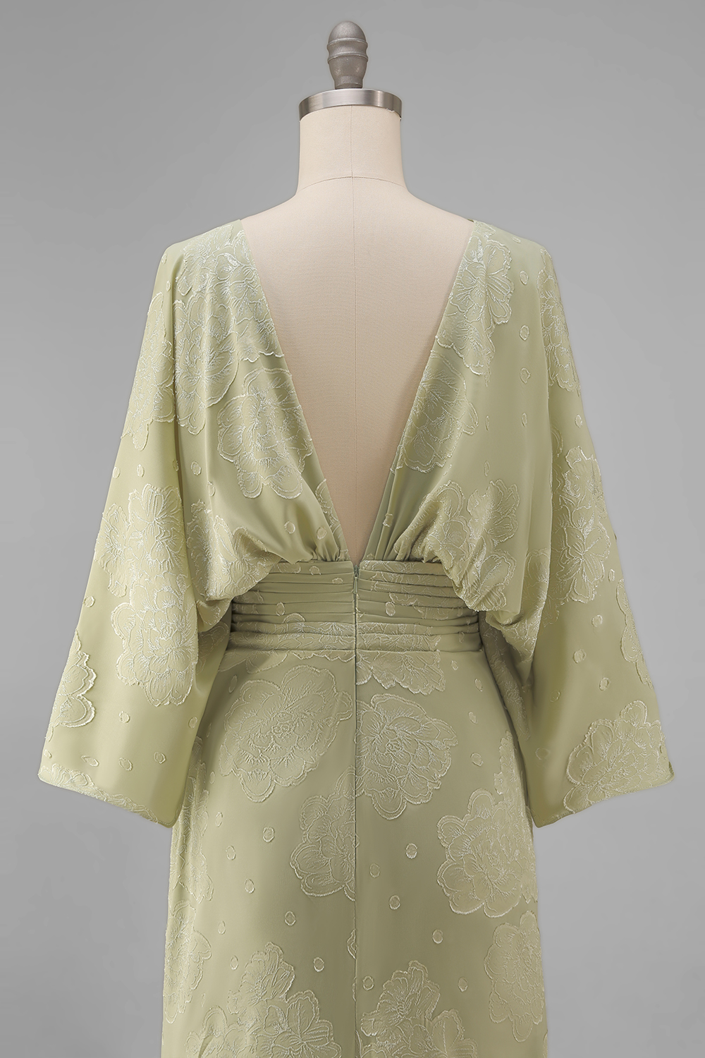 Sage Green Sheath Boat Neck Floral Long Wedding Guest Dress with Sleeves