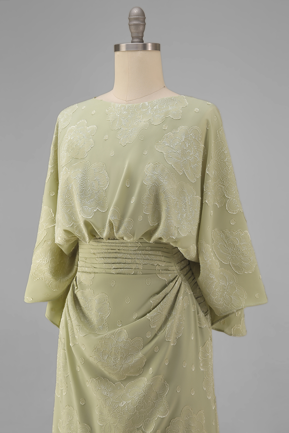 Sage Green Sheath Boat Neck Floral Long Wedding Guest Dress with Sleeves