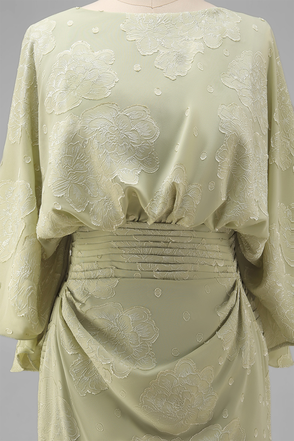 Sage Green Sheath Boat Neck Floral Long Wedding Guest Dress with Sleeves