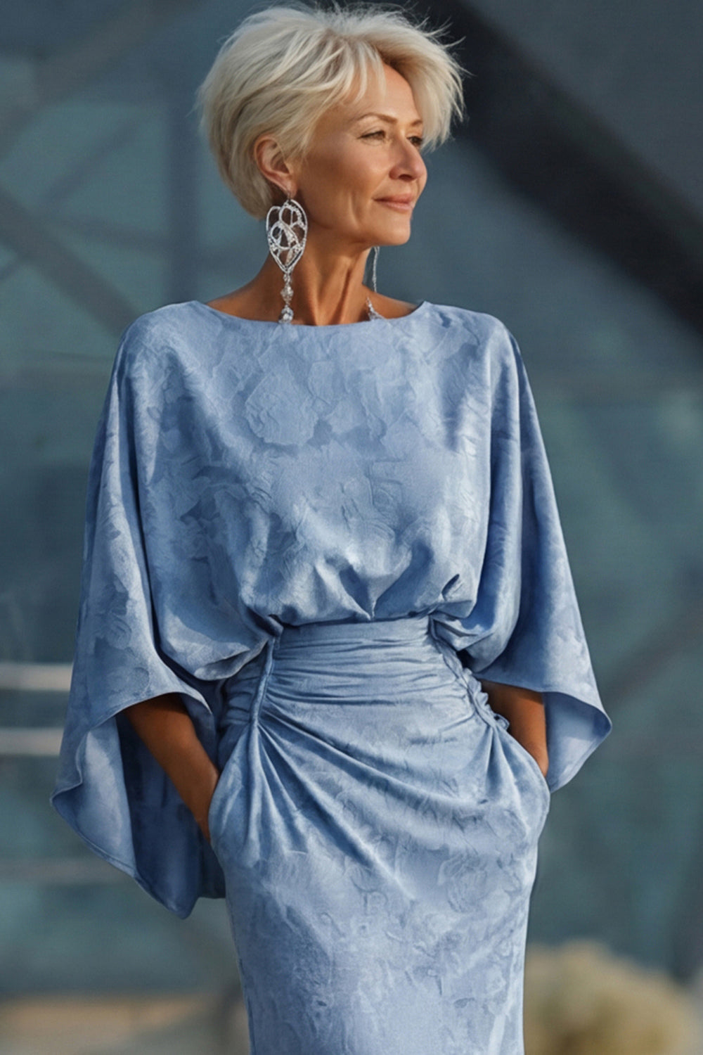 Floral Dusty Blue Boat Neck Sheath Pockets Long Wedding Guest Dress with Sleeves