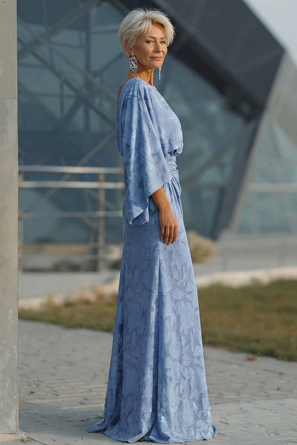 Floral Dusty Blue Boat Neck Sheath Pockets Long Wedding Guest Dress with Sleeves