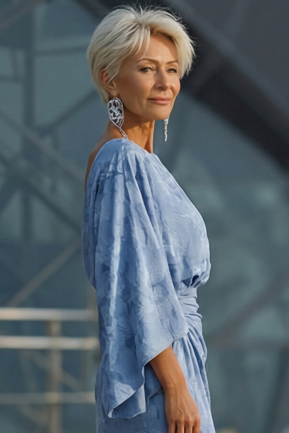 Floral Dusty Blue Boat Neck Sheath Pockets Long Wedding Guest Dress with Sleeves