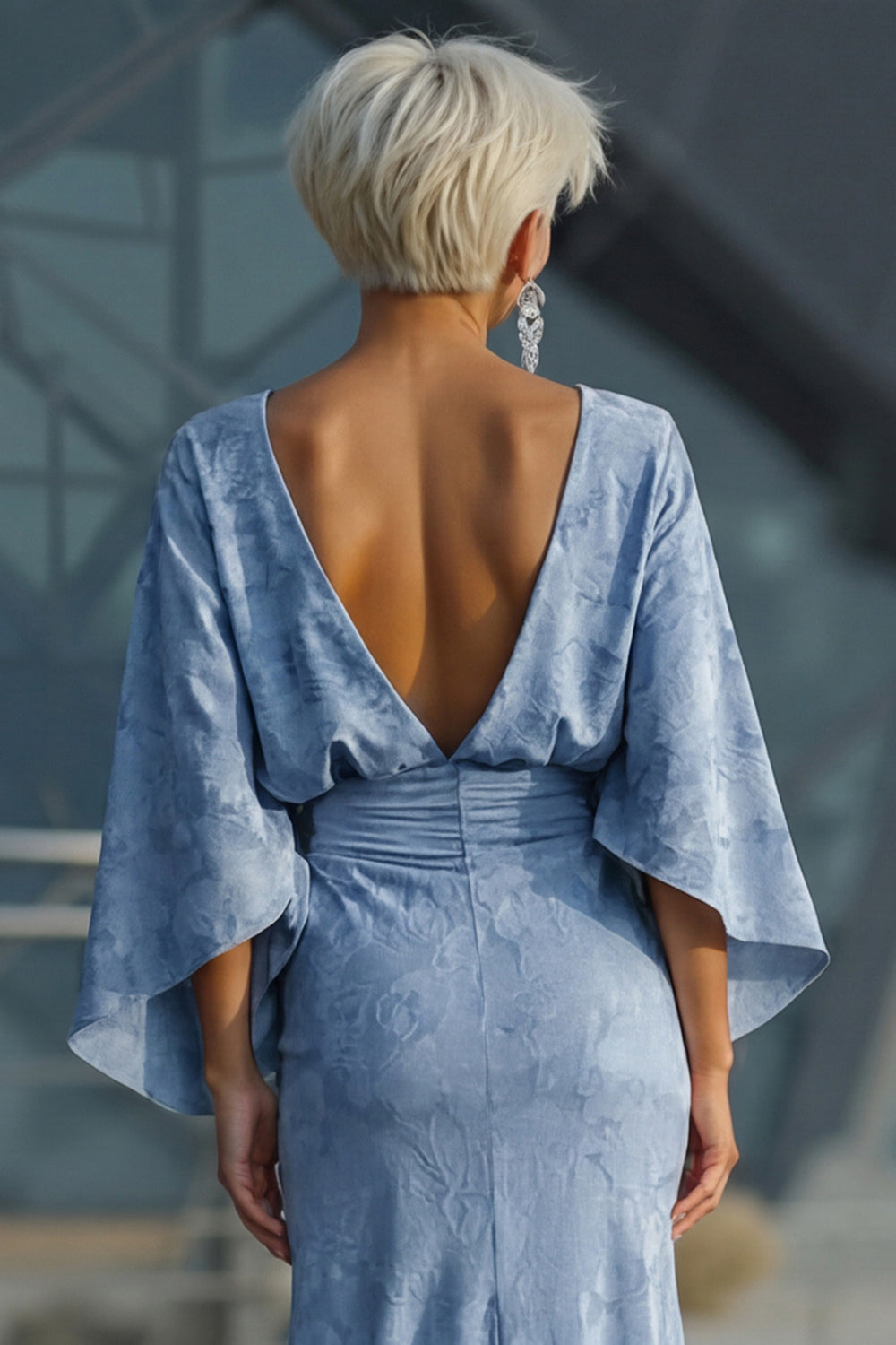 Floral Dusty Blue Boat Neck Sheath Pockets Long Wedding Guest Dress with Sleeves