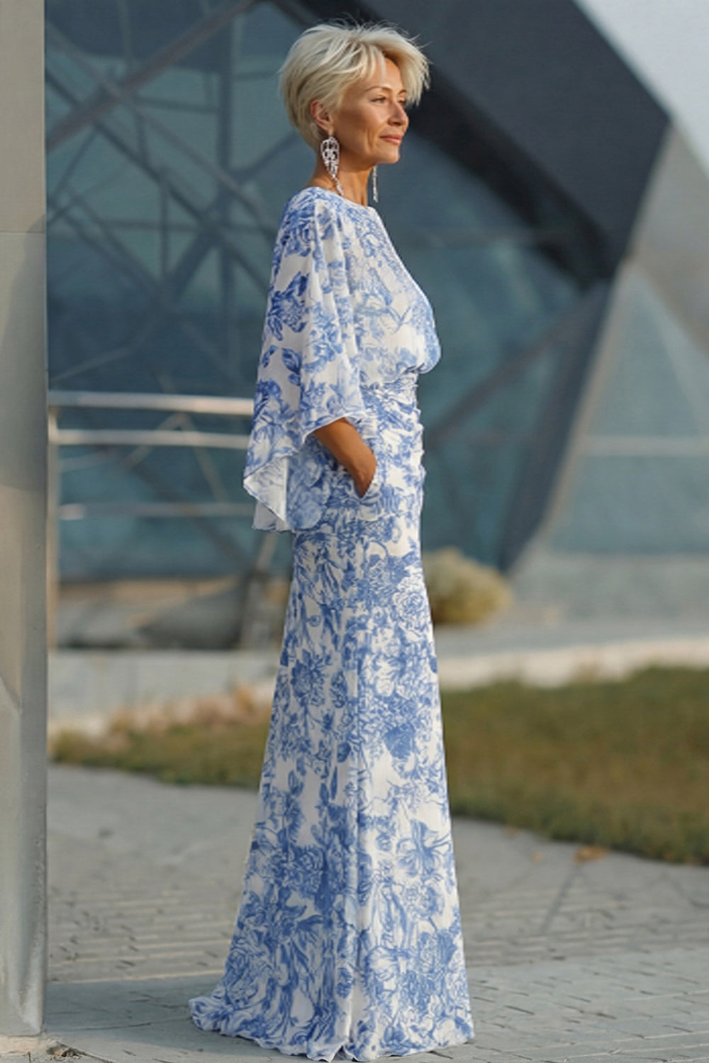 Floral White Blue Boat Neck Long Sheath Wedding Guest Dress with Pockets