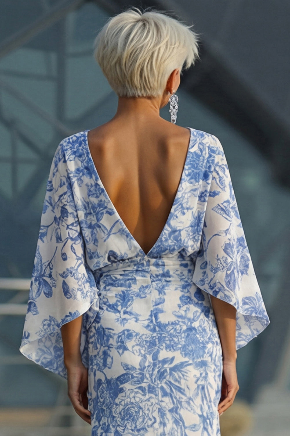 Floral White Blue Boat Neck Long Sheath Wedding Guest Dress with Pockets