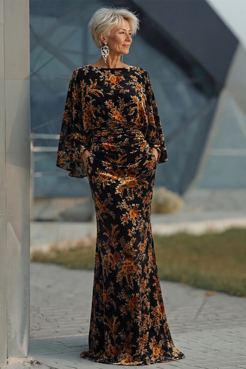 Brown Floral Boat Neck Sheath Long Wedding Guest Dress with Pockets