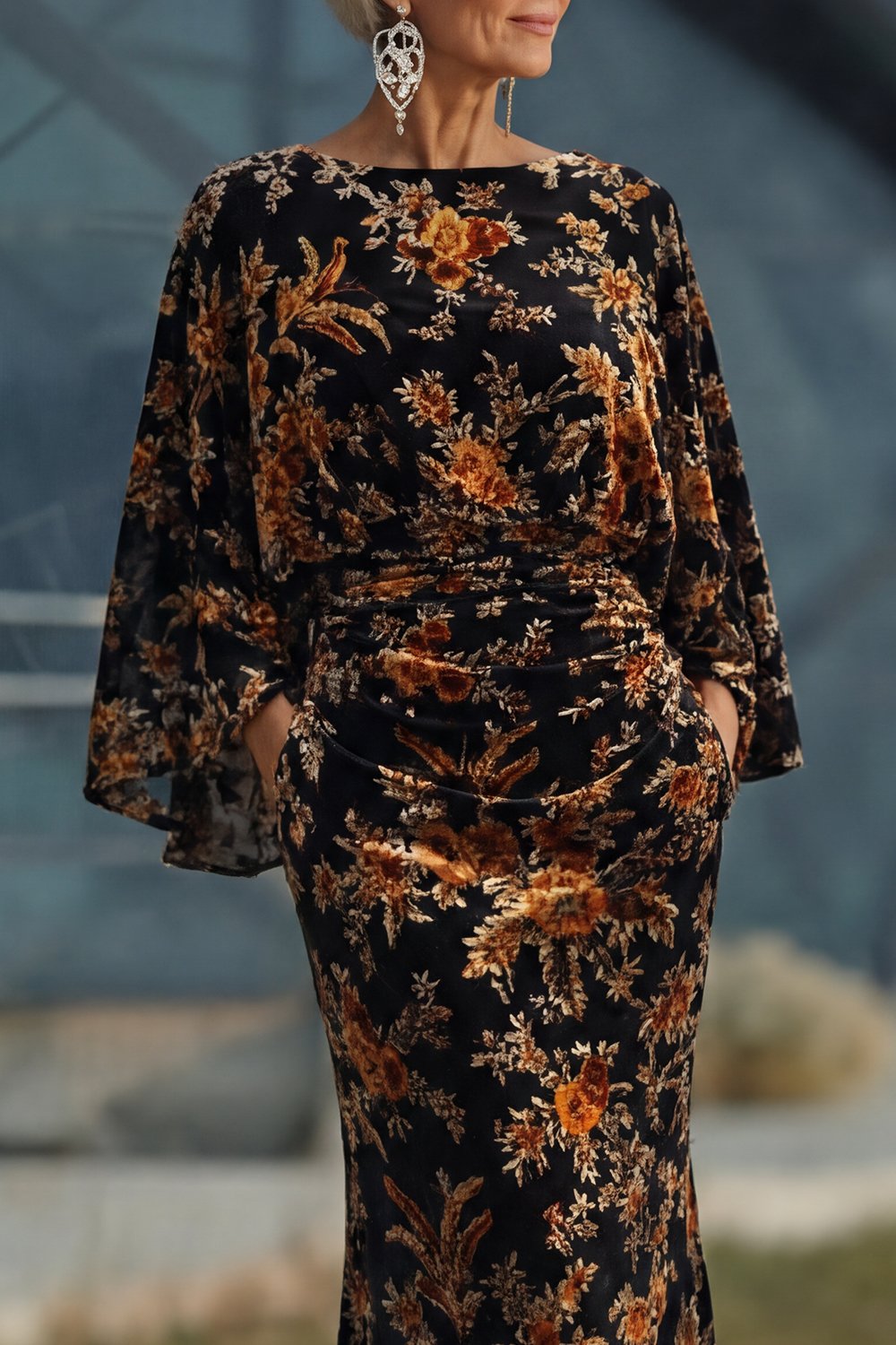 Brown Floral Boat Neck Sheath Long Wedding Guest Dress with Pockets