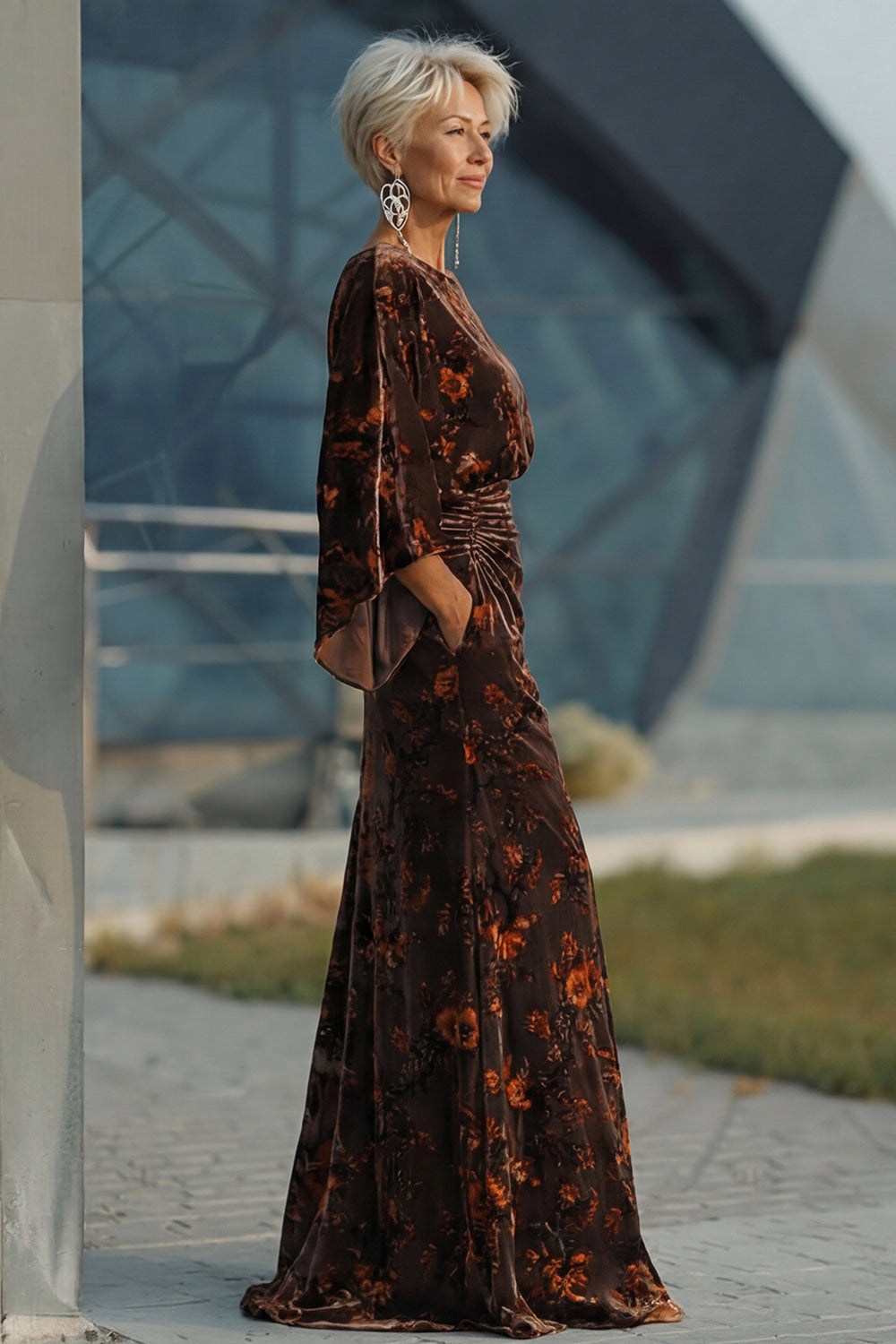 Floral Brown Boat Neck Sheath Long Wedding Guest Dress with Pockets