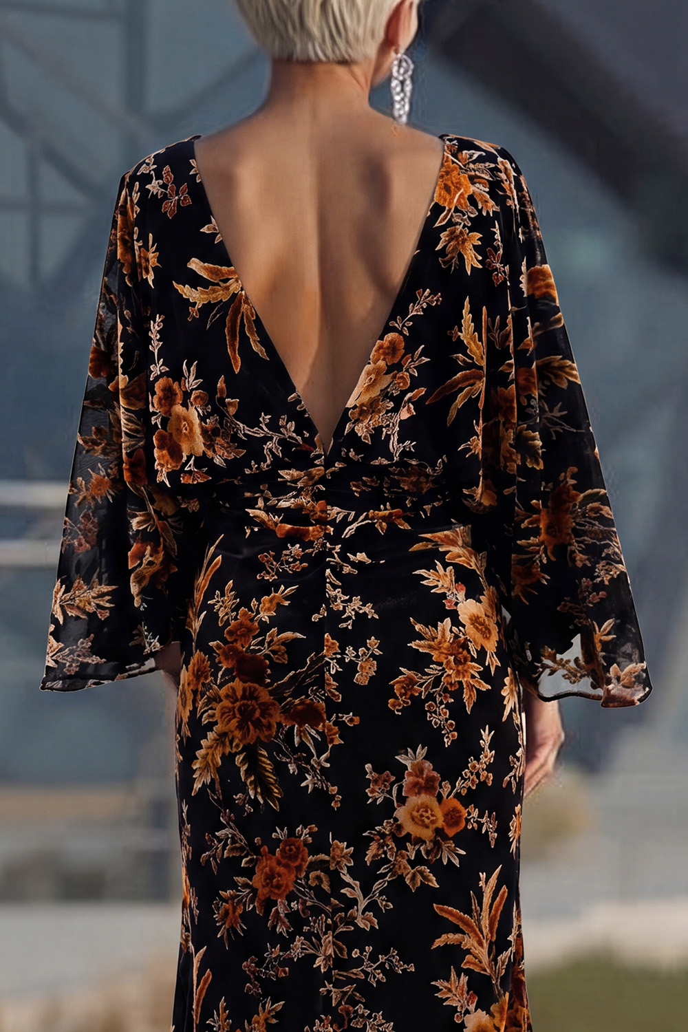 Brown Floral Boat Neck Sheath Long Wedding Guest Dress with Pockets