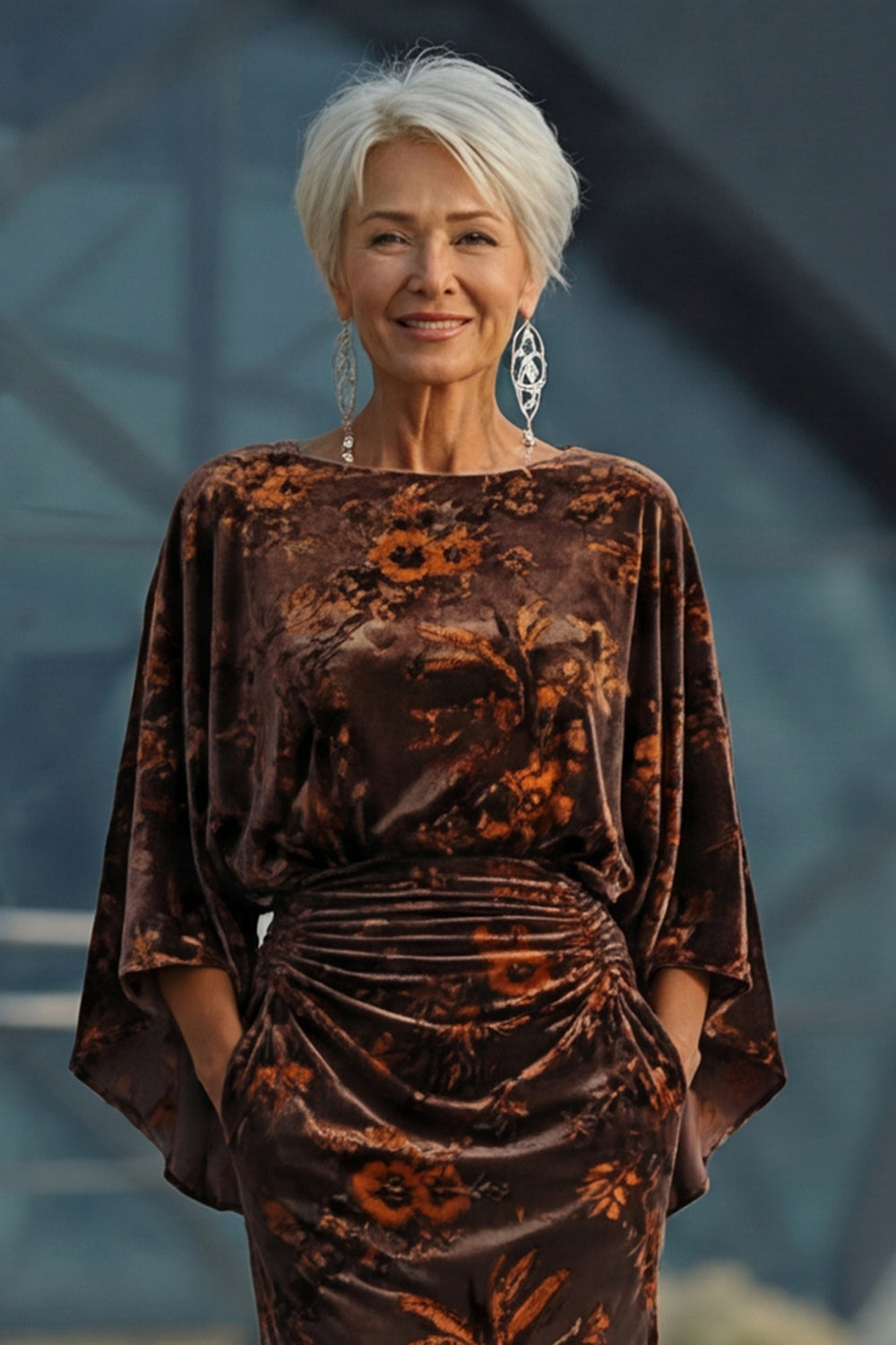 Floral Brown Boat Neck Sheath Long Wedding Guest Dress with Pockets