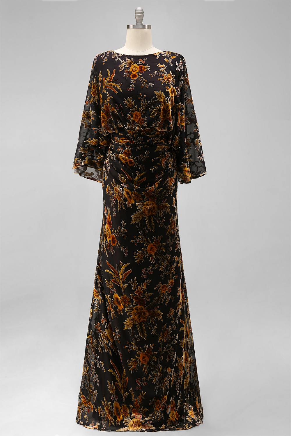 Brown Floral Boat Neck Sheath Long Wedding Guest Dress with Pockets