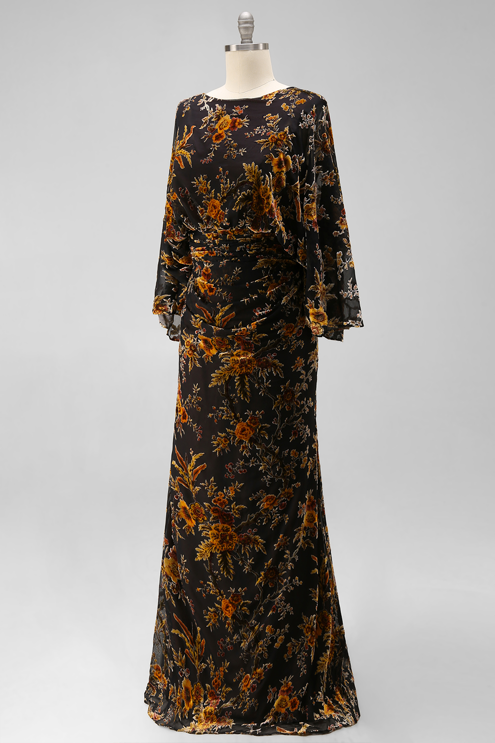 Brown Floral Boat Neck Sheath Long Wedding Guest Dress with Pockets