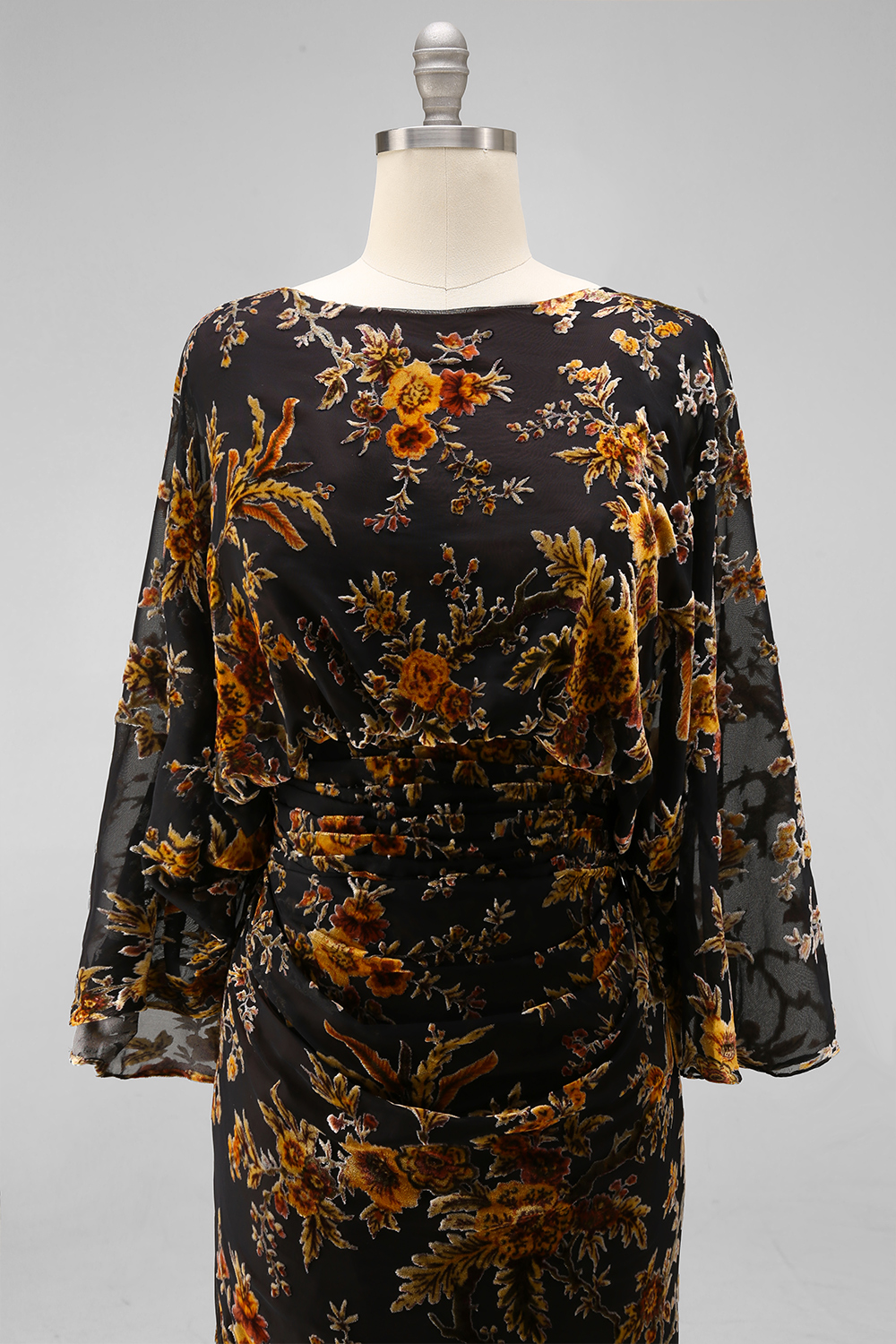 Brown Floral Boat Neck Sheath Long Wedding Guest Dress with Pockets