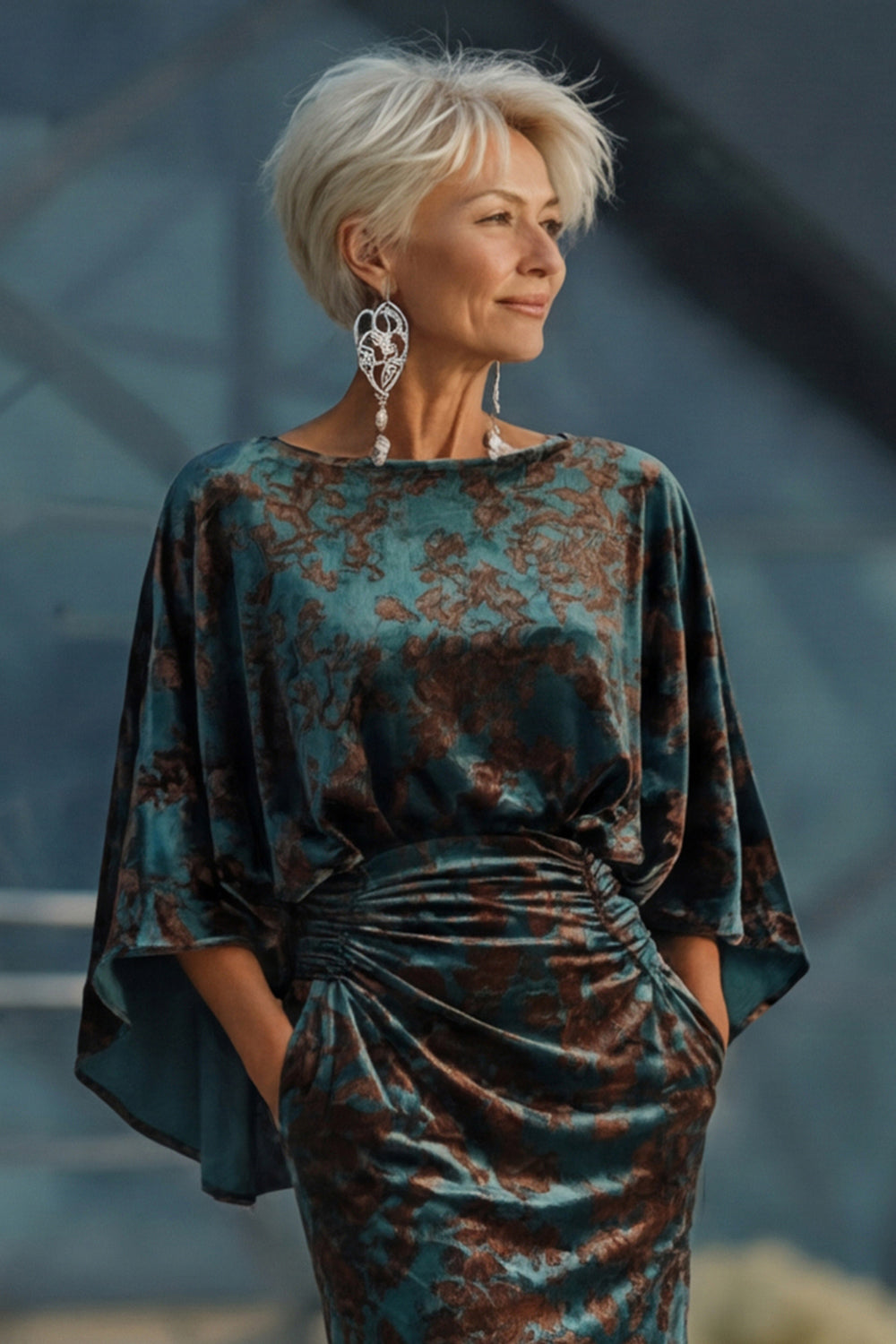 Floral Dark Green Velvet Sheath Long Boat Neck Wedding Guest Dress with Pockets