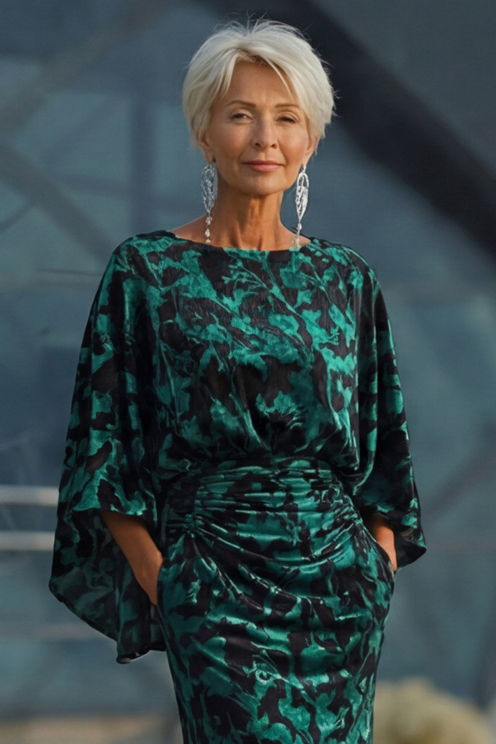 Floral Peacock Blue Velvet Boat Neck Sheath Long Wedding Guest Dress with Pockets