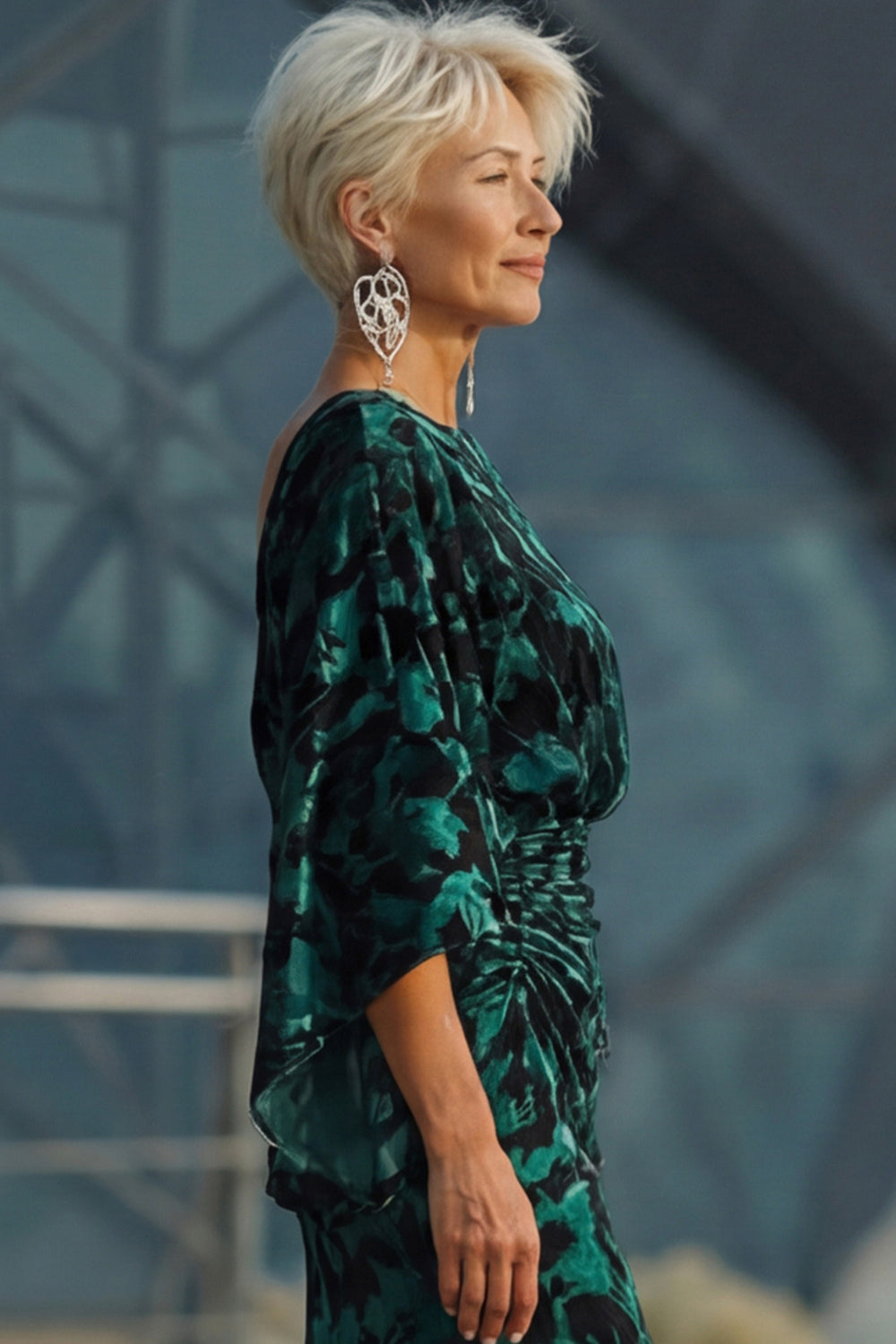 Floral Peacock Blue Velvet Boat Neck Sheath Long Wedding Guest Dress with Pockets