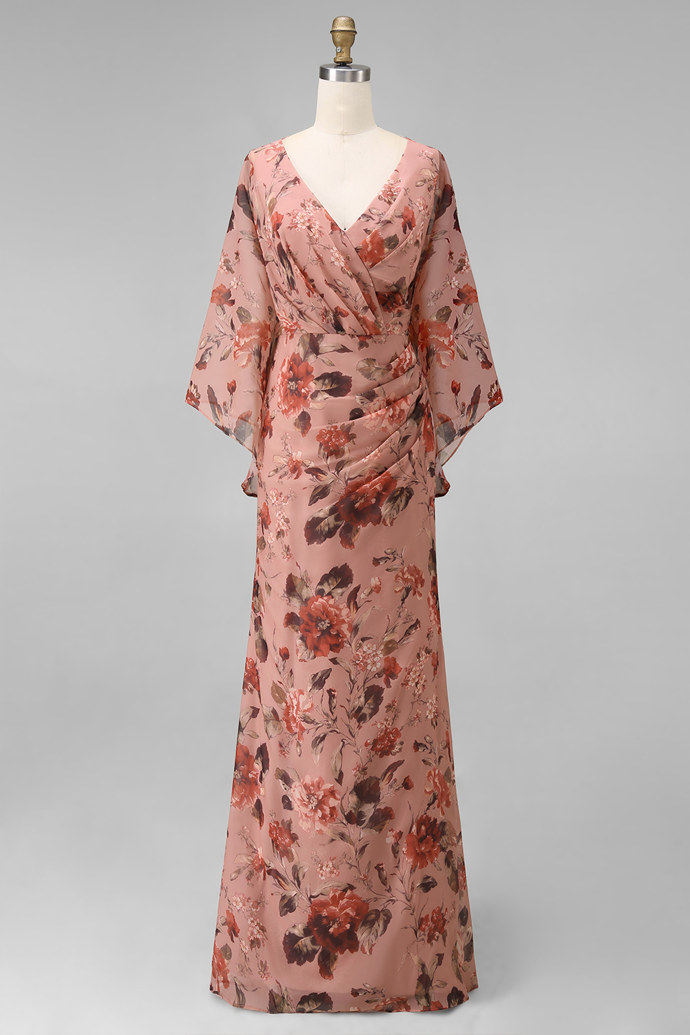 Dusty Rose Floral V Neck Sheath Long Chiffon Wedding Guest Dress with Pockets
