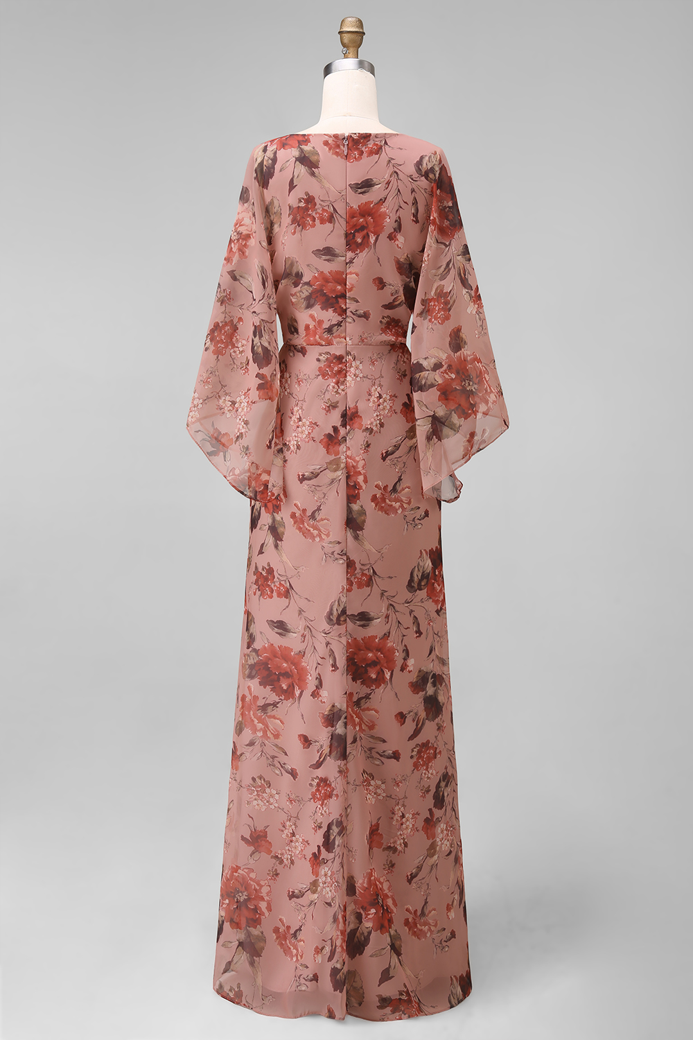 Dusty Rose Floral V Neck Sheath Long Chiffon Wedding Guest Dress with Pockets