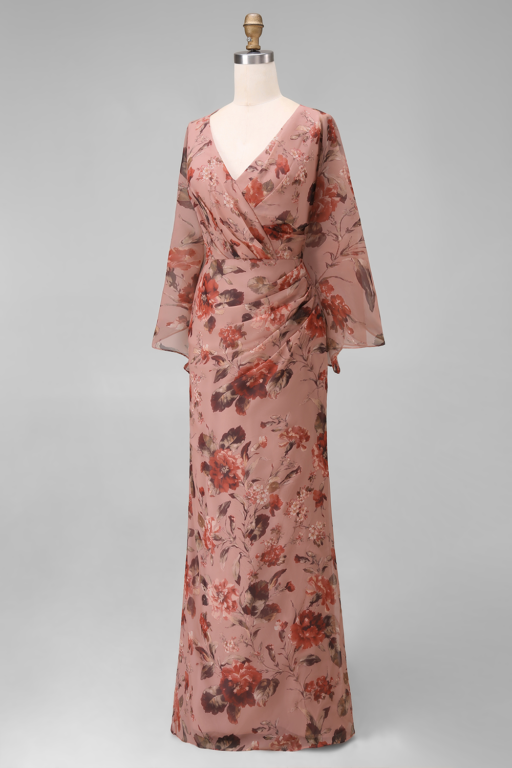 Dusty Rose Floral V Neck Sheath Long Chiffon Wedding Guest Dress with Pockets