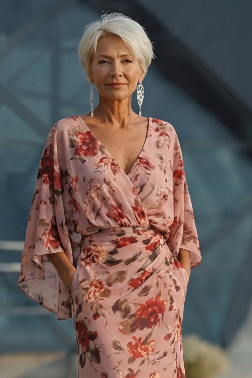 Floral Dusty Rose V-Neck Sheath Long Chiffon Wedding Guest Dress with Pockets