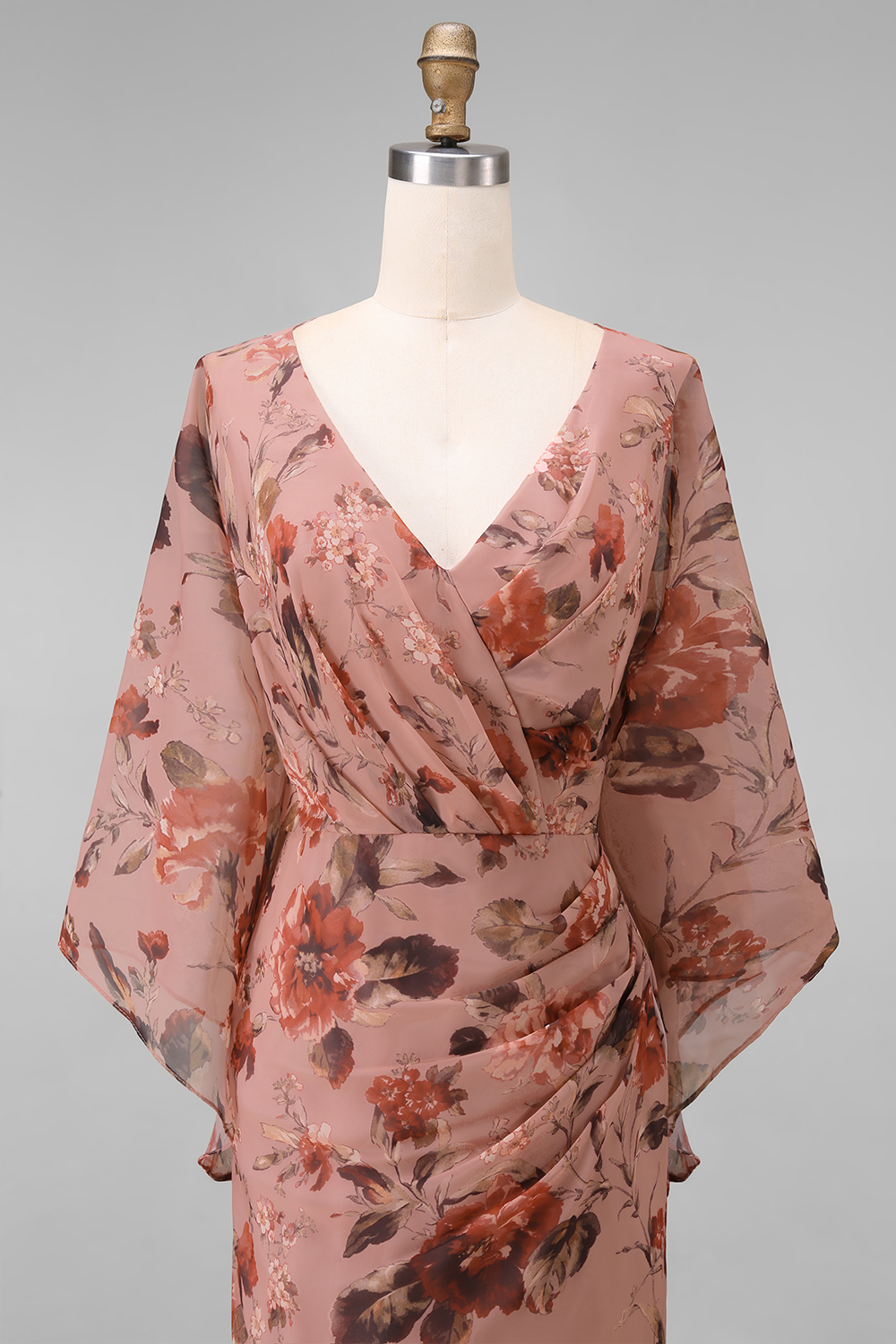 Dusty Rose Floral V Neck Sheath Long Chiffon Wedding Guest Dress with Pockets