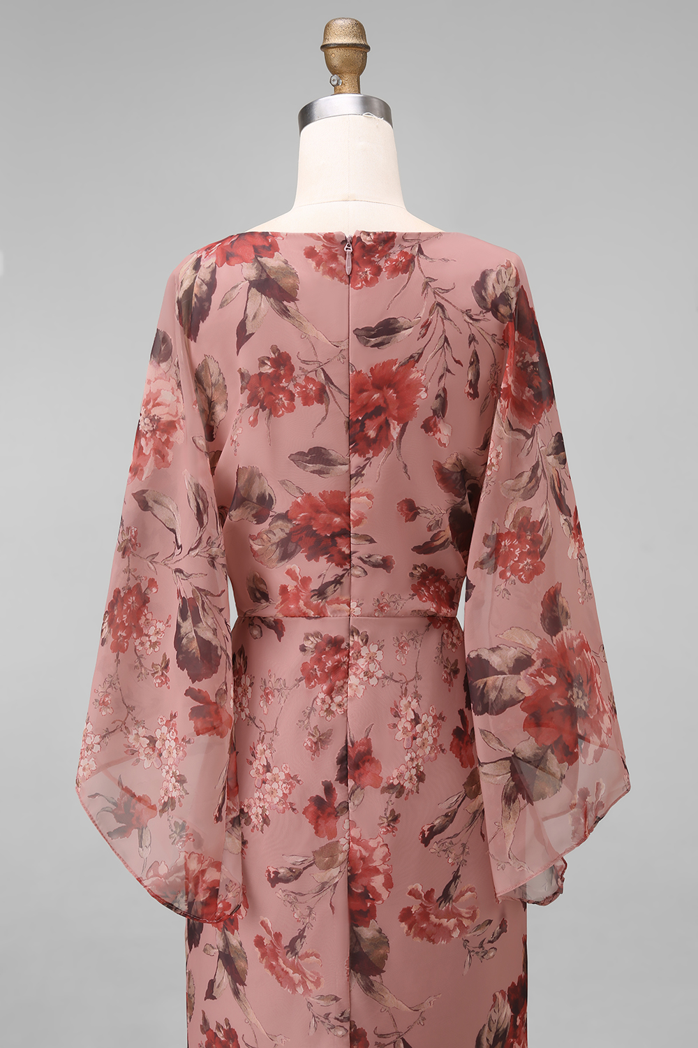 Dusty Rose Floral V Neck Sheath Long Chiffon Wedding Guest Dress with Pockets